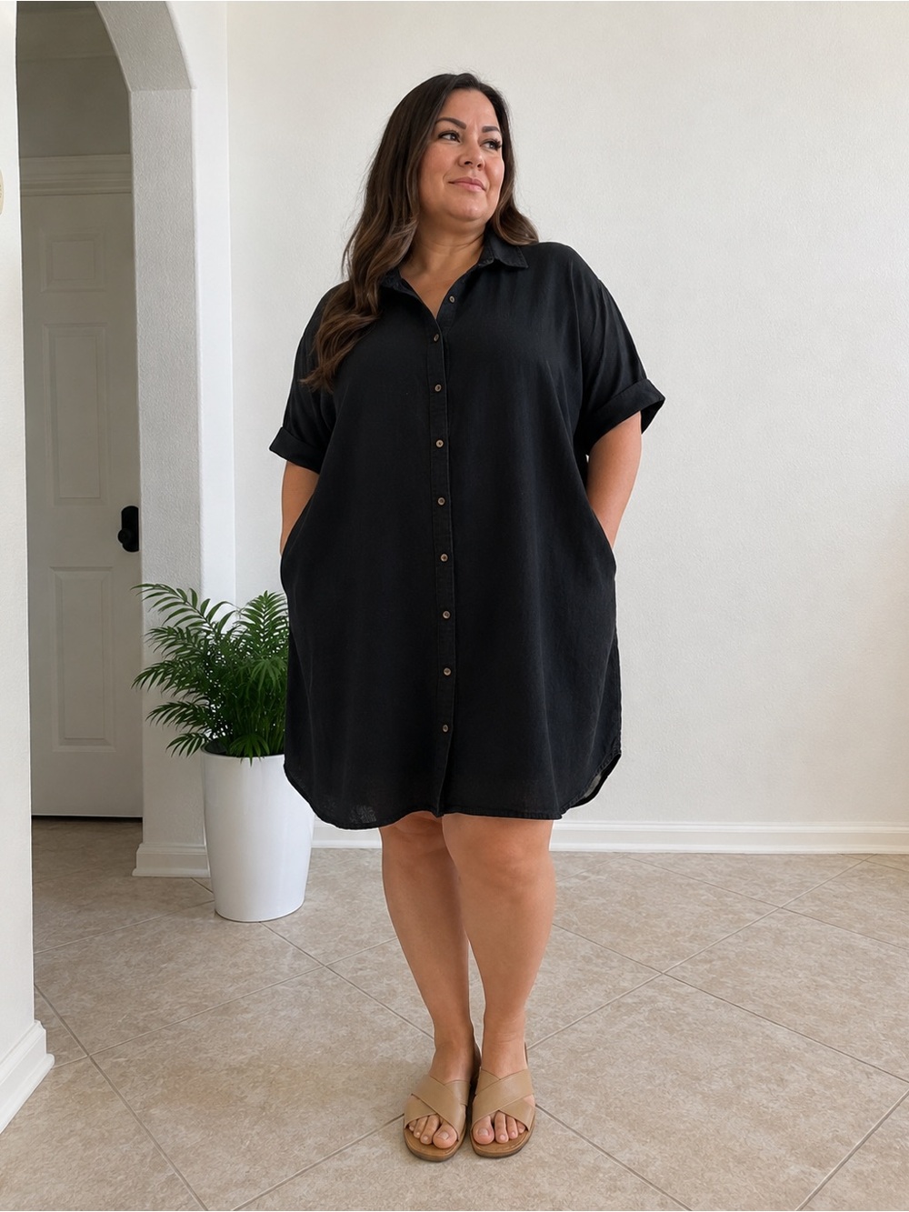 Well Worn Black Linen Blend Oversized Shirt Dress Pockets XXL